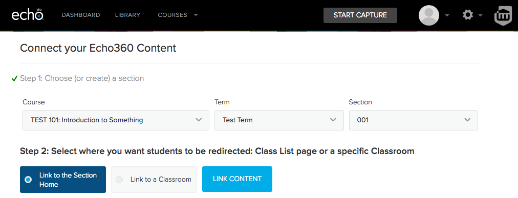 Echo360 section selection options for Moodle course activity link as described