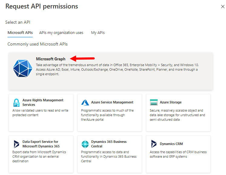 Request API Permissions page with Microsoft Graph selection option identified for steps as described