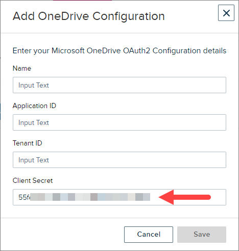 OneDrive configuration block in Echo360 with secret value pasted in as described